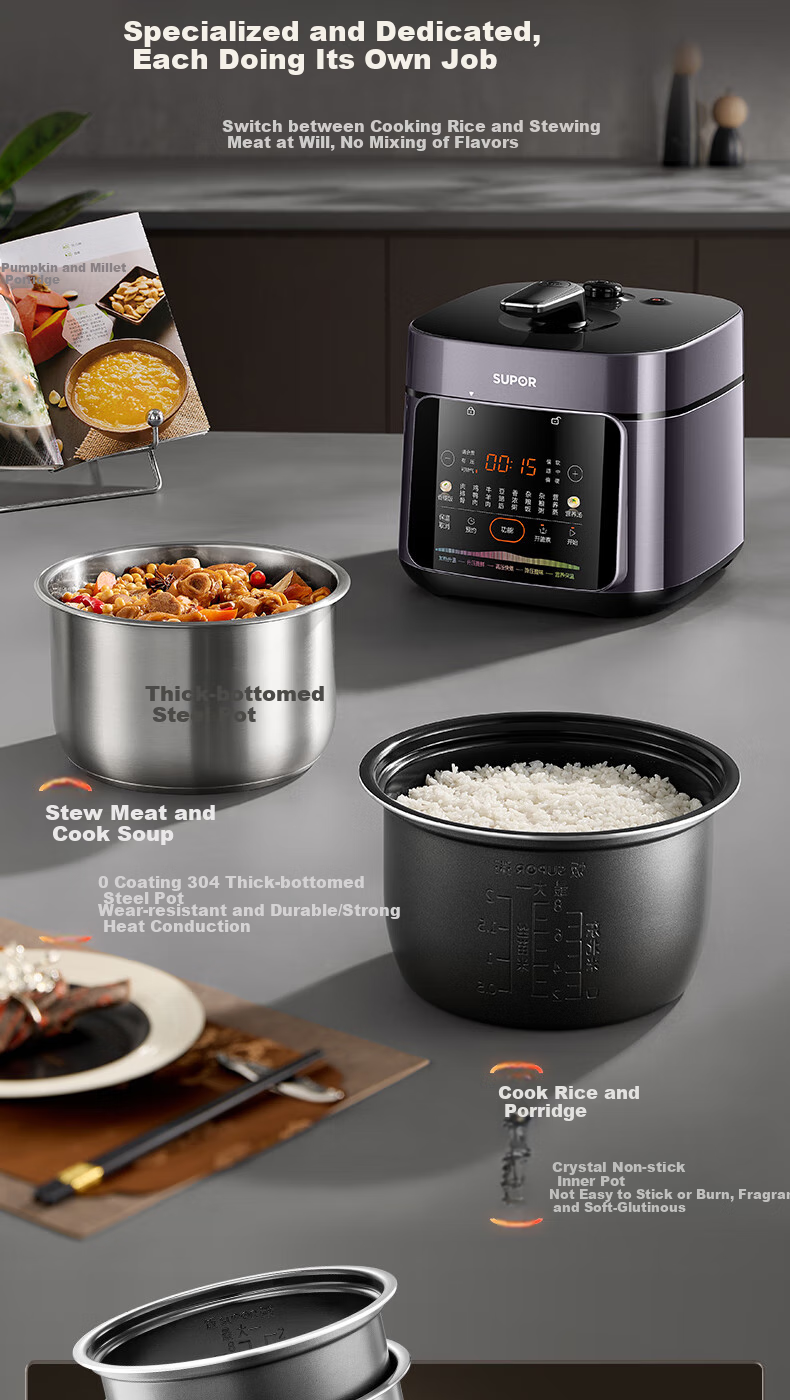 SUPOR Fresh Breath Series Electric Pressure Cooker 5L, Non-Coated Stainless Steel Inner Pot with Steamer Basket, for 4-6 People, Home Use Rice Cooker High Pressure Cooker SY-50FC5033 6