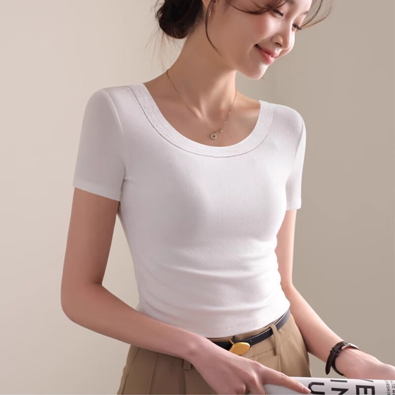Woodpecker Women's Regular Shoulder Short Sleeve T-Shirt Summer 2025 New Round Neck Slim Fit Cropped Top White L