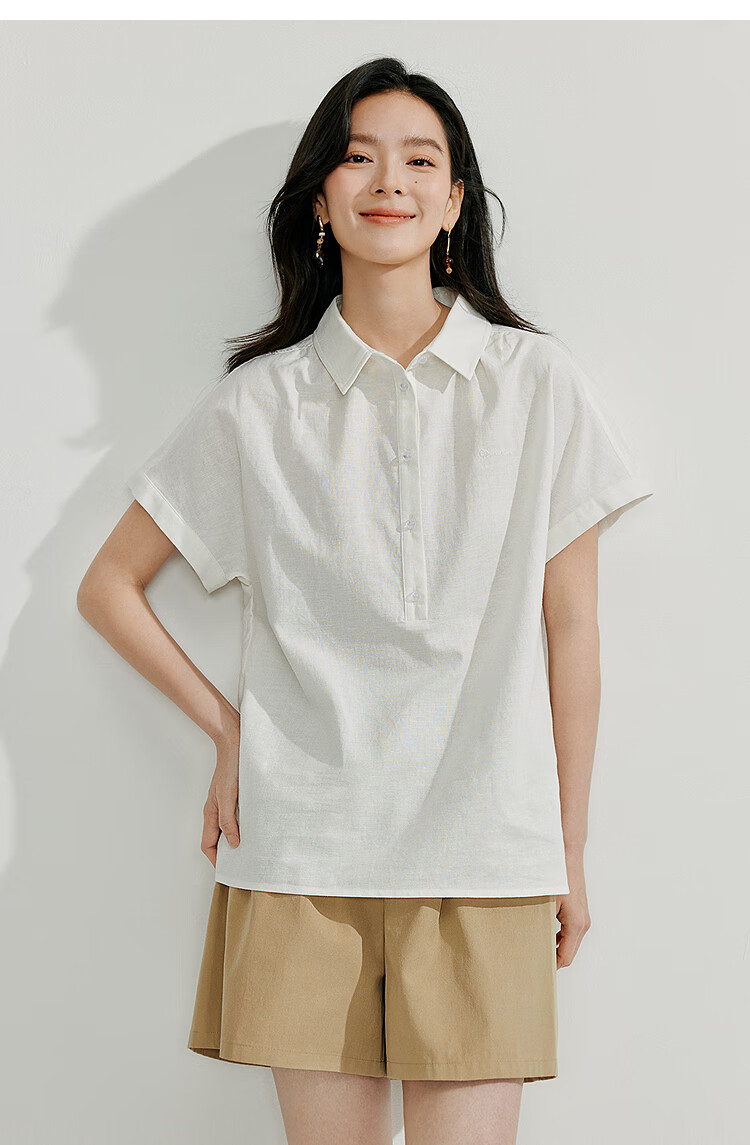 INMAN Linen Simple Commuter Shirt, Summer Women's Wear, Versatile French Style Loose Slimming Short-Sleeve Blouse, Pearl White, S 6