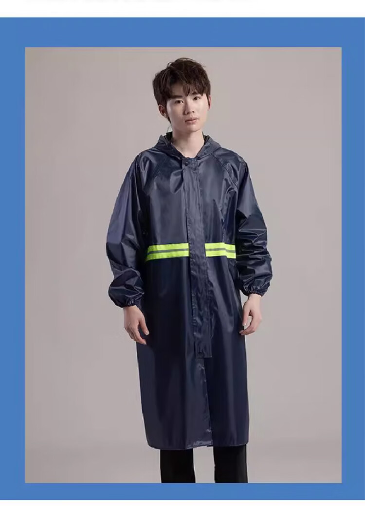 Mashifu One-Piece Long Raincoat, Thickened Oxford Fabric Heavy Rain Protection Workwear Raincoat, Outdoor Patrol Reflective Strip Long Rain Poncho [Front And Back Reflective Strips], Zipper Style Navy Blue, One Size Fits All 3