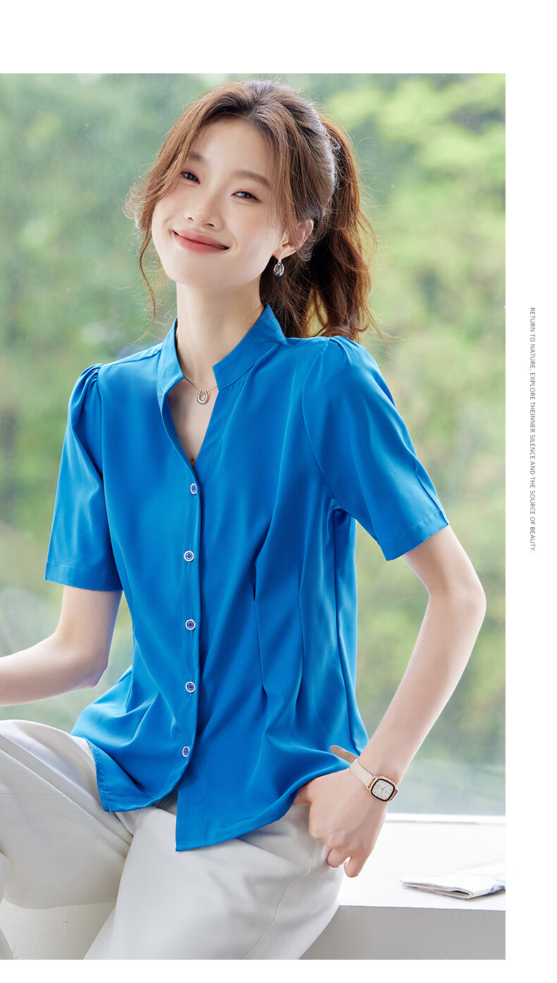 JEANSWEST Women's Short Sleeve Shirt 2025 Summer New High-End Commuter Versatile V-Neck Top White M 10