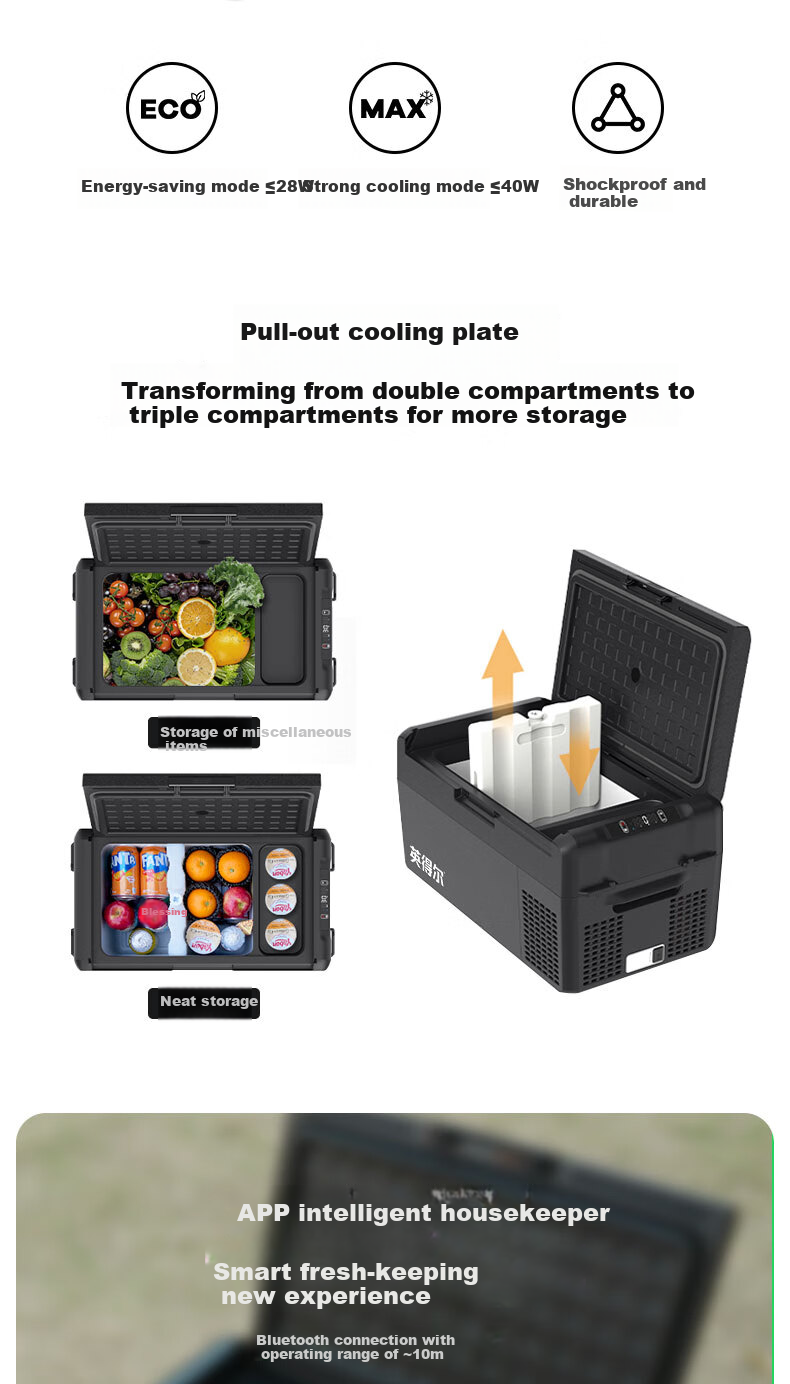 Yingdeer Car Refrigerator FC20L, Dual-Compartment Compressor, Pure Vehicle Refrigeration And Freezing Mini Fridge, 12V/24V/220V 5