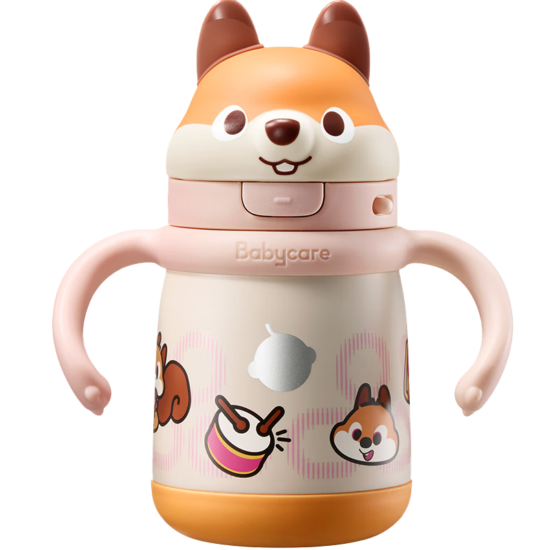 Babycare Children's Insulated Stainless Steel Straw Water Bottle for Toddlers 1-3 Years Old, Squirrel Design, 300ml