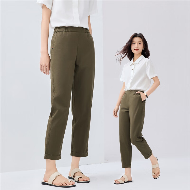 Giordano Women's Cropped Pants, Summer Pure Cotton Woven Trousers, Elastic Waist, Lightweight Casual Pants, 05424354