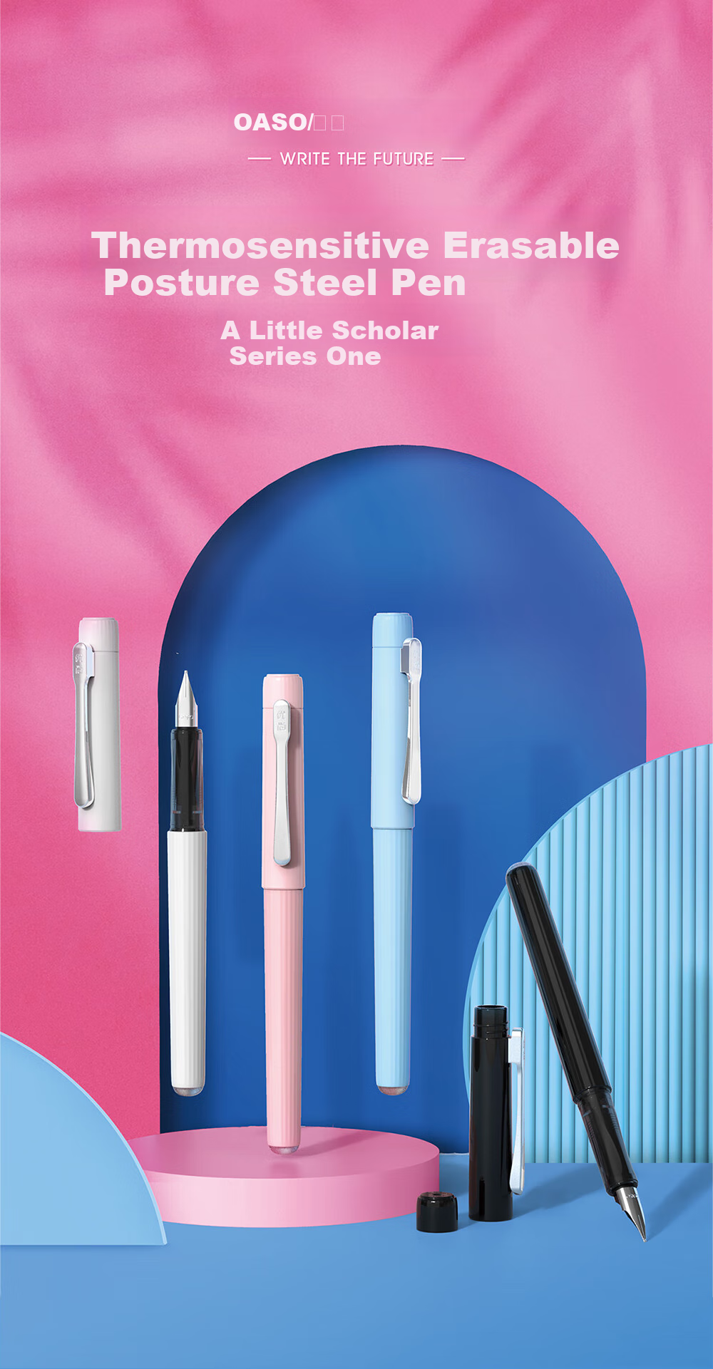 [Back to School Essential] OASO Erasable Fountain Pen for Primary School Students' Posture Correction And Handwriting Practice in Third Grade, Replaceable Ink Cartridge (Cherry Blossom Pink), Blue Erasable Ink Cartridge 1