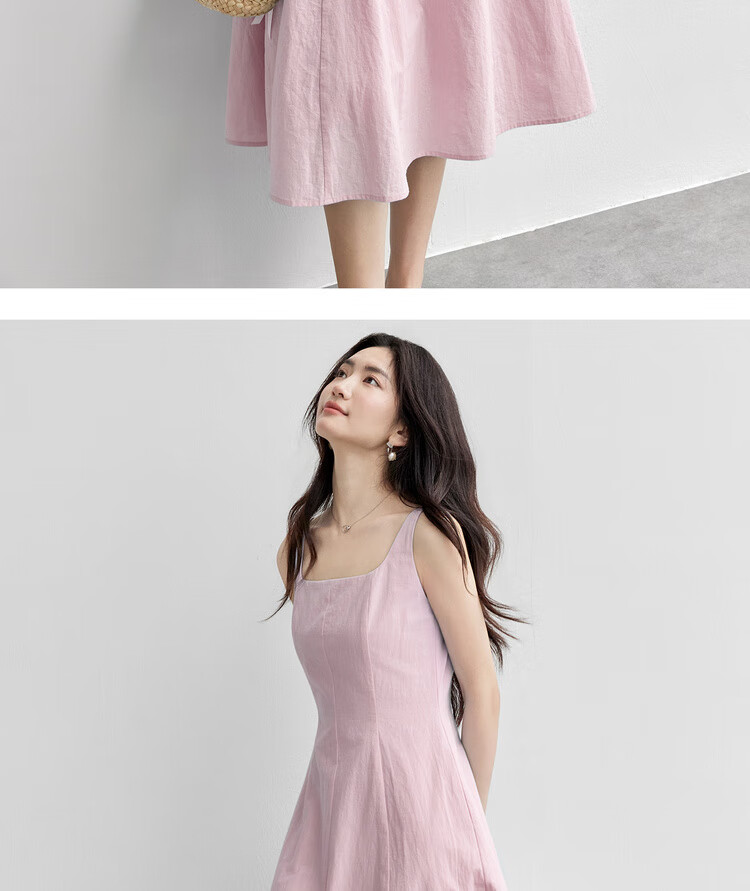 Shangdu Bila 100% Cotton A-Line Dress Women Summer Slim Waist Spaghetti Strap Square Neck Casual Mid-Length Dress 20