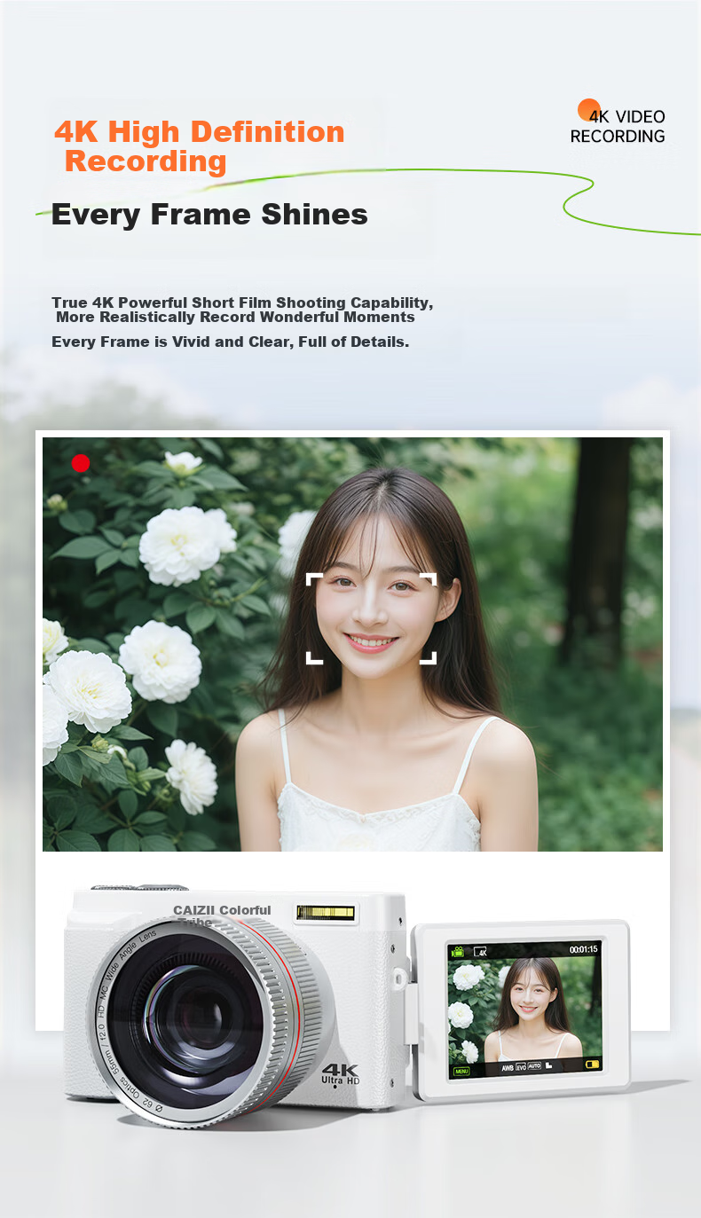 CAIZU 64 Million Pixel Digital Camera Selfie Flip Screen Mirrorless Camera Entry-Level Student 4K Recording Alternative CCD Camera Birthday Holiday Gift 6