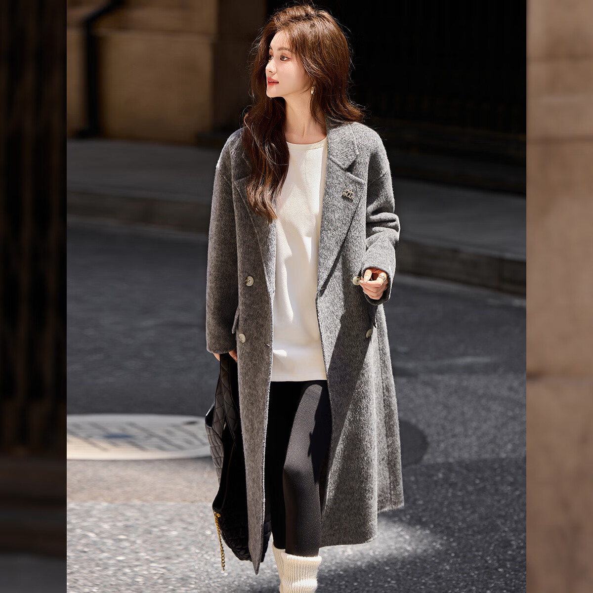 LOUISYAO Women's Winter Wool Blend Double-Sided Felt Coat, Elegant Lapel, Thick Long Coat, Dark Gray, Size L