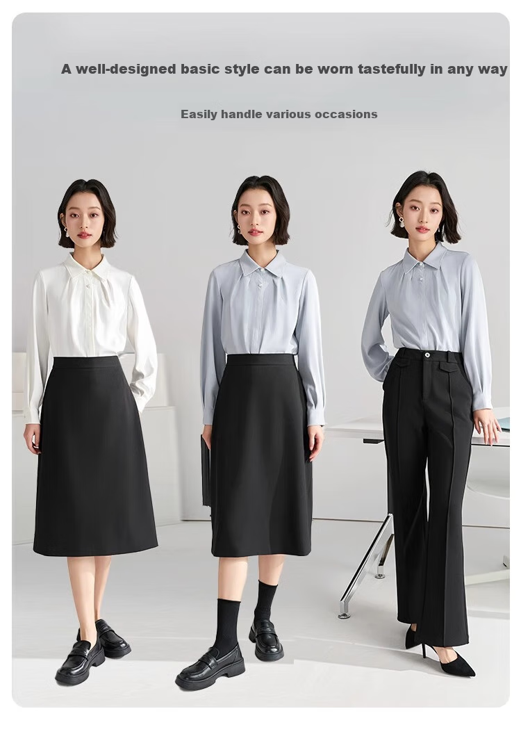 Bodexiaojie White Blouse for Women, Professional Commute Straight Shoulder Top, Petite Elegant Outfit, Formal Shirt 1