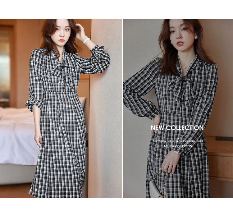 MT Black and White Checkered Bow Autumn Slim Fit Non-Stretch A-Line Long Sleeve Plaid Dress for Women 8