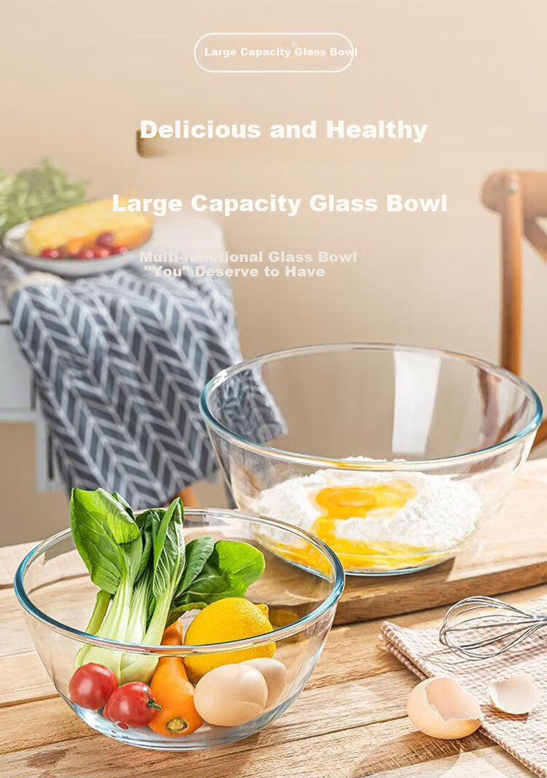 JIWUSENLIN Large Glass Mixing Bowl for Home Use, Thickened Fruit Salad Bowl, Cooking Bowl, Baking Egg Beating And Dough Rising Bowl, 2.7 Liters 2