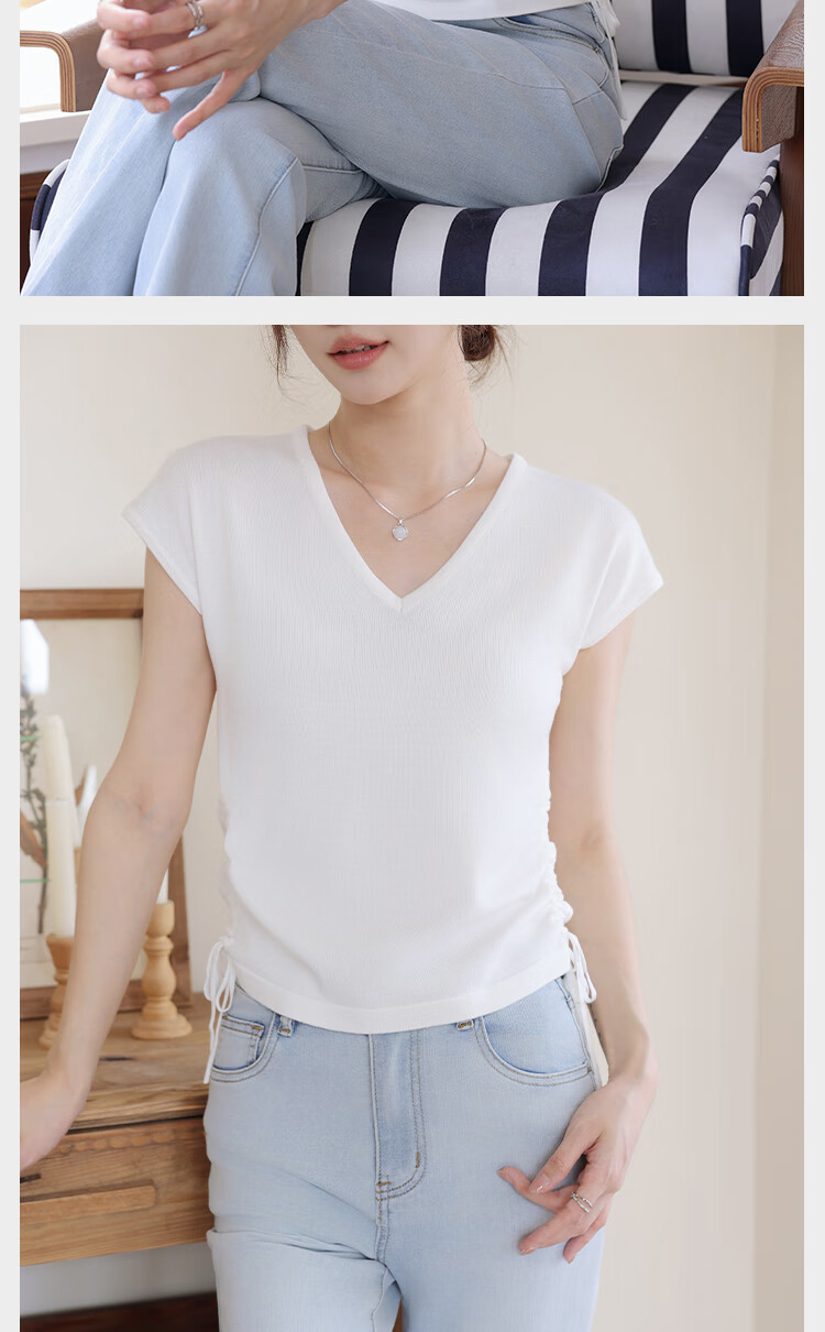 Langsha Women's Striped Short Sleeve T-Shirt Summer New Slim V-Neck Drawstring Top Simple Fashion Ice Silk Knitwear 10