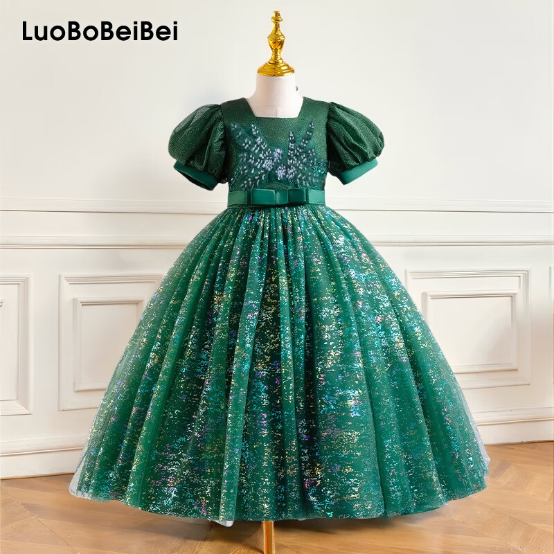 LUOBOBEIBEI 2026 Girls' Blue Long Dress, Children's Princess Dress for Weddings And Performances, Green, Size 140