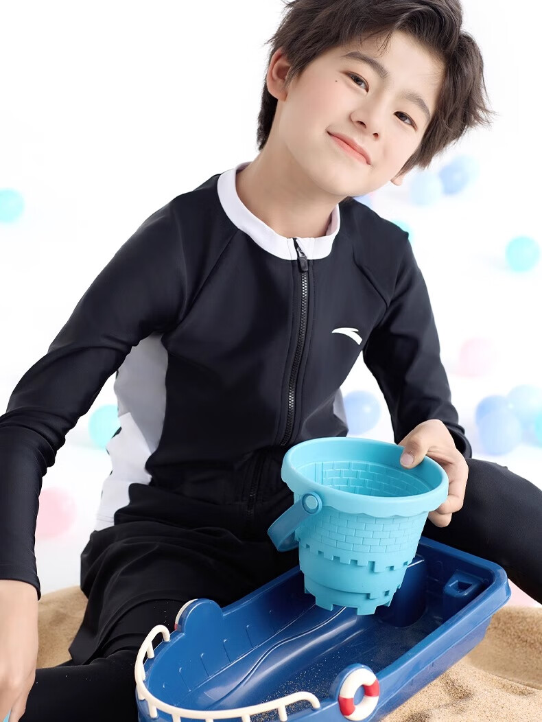 ANTA Children's Two-Piece Swimsuit, 2024 Summer New Style, Boys' Swimwear, Square-Leg Swim Trunks, Long-Sleeve Hot Spring Bathing Suit, Blue, Size 130 5