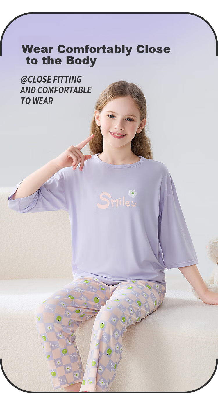 LangSha Children's Pajamas for Girls, Summer Thin Lycra Cotton Three-Quarter Sleeve Sleepwear Set for Middle And High School Students, Teenage Home Wear 10