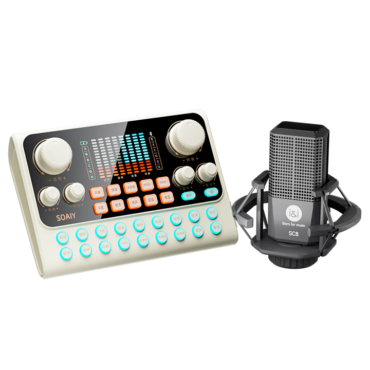 Soaiy S6 Sound Card + SC8 Microphone Live Streaming Equipment Set, Handheld Live Singing, Compatible with Phones And Computers, Professional Microphone Stand for Streamers, External Voice Changer