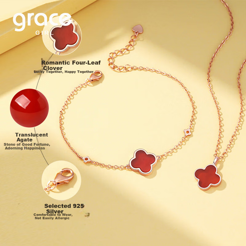 Grace Girl Four-Leaf Clover Necklace for Women, Simple And Elegant Rose Gold Collarbone Chain, Anniversary Birthday Gift for Girlfriend