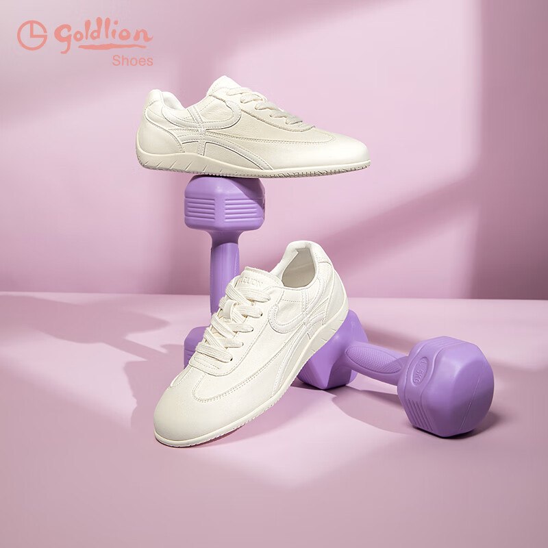 Goldlion Women's Shoes, Sports Casual Flat Training Shoes, Round Toe Lace-Up Low-Top Sneakers for Women, G688510115, Off-White, Size 38