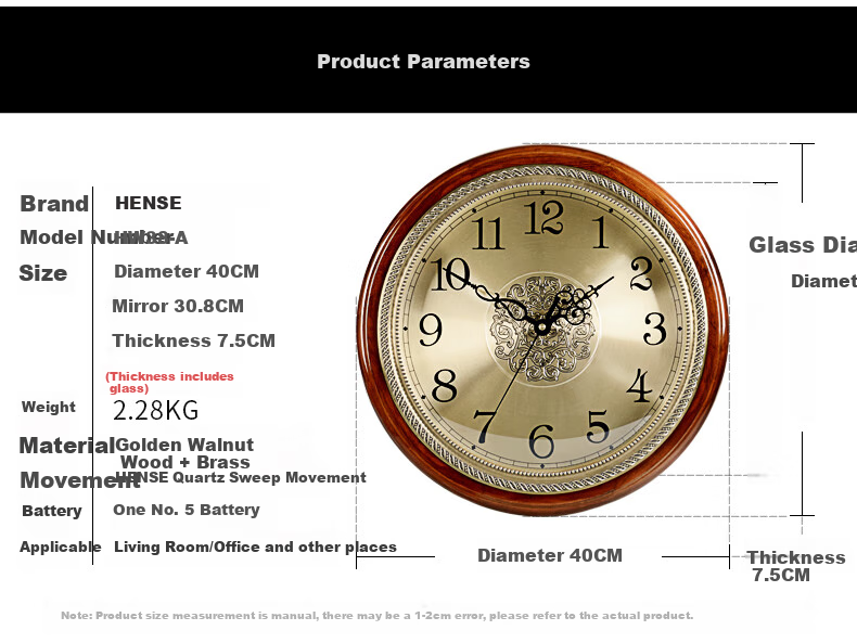 Hense High-Quality Brass And Solid Wood Wall Clock for Living Room, Luxurious Creative Quartz Silent Clock HW38A Model 40cm 3