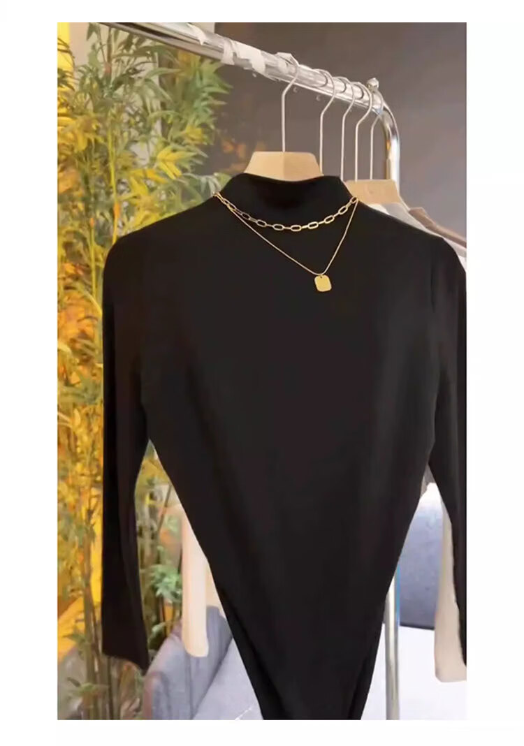 Woodpecker Women's Half Turtleneck Long Sleeve T-Shirt Autumn New Slim Fit Pleated Base Shirt Black 2XL 5