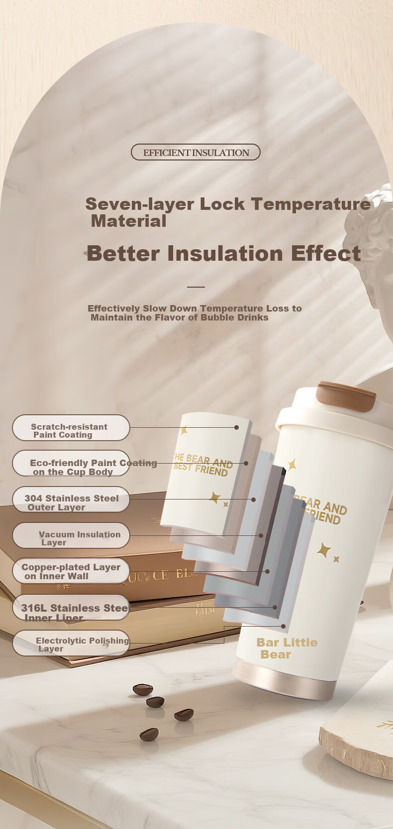 Bear Insulated Mug Coffee Cup 316L Stainless Steel Dual-Use High-End Water Bottle for Men And Women Silver 350ml Gift 5