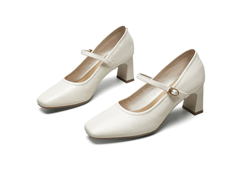 Eierkang Women's Retro Mary Jane Shoes Single Strap Chunky Heel Pumps Shallow High Heels 27561W Off-White Size 39 2