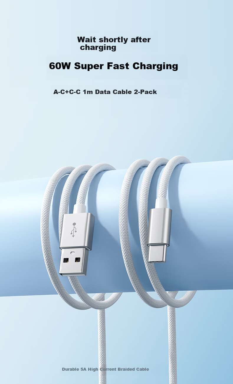 KY Kangyou Data Cable Type-C Charging Cable 2-Pack Super Fast Charging 60W Compatible with 66W Suitable for Huawei Xiaomi Apple 15/16 Silver White 1 Meter 1