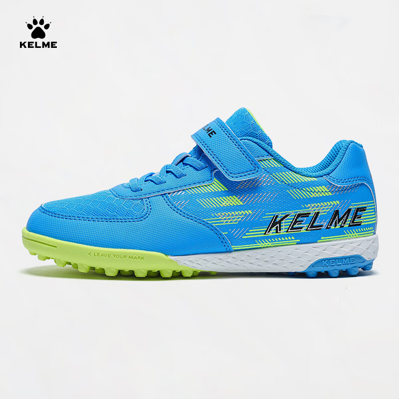 KELME Kids Soccer Shoes TF Turf Studs Hook and Loop Slip-On Non-Slip Wear-Resistant Sneakers Sky Blue Size 38
