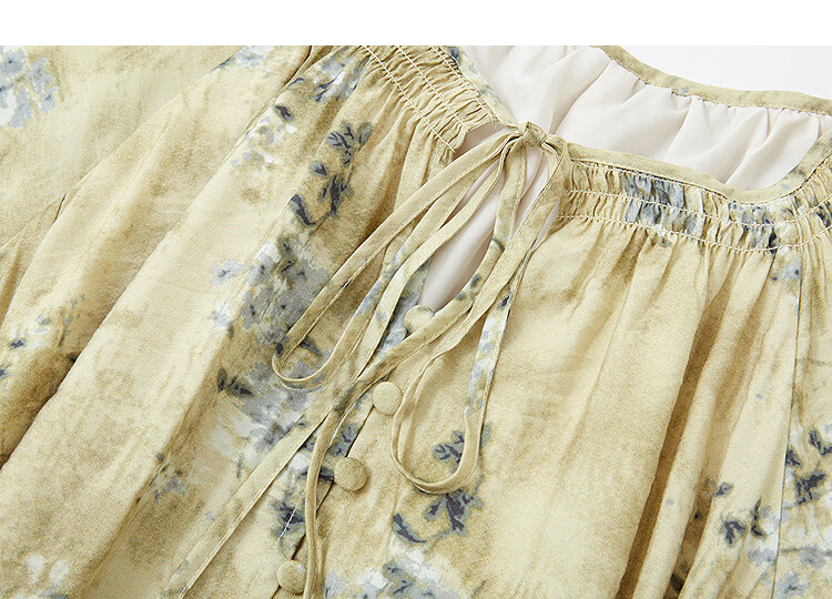 Dme [Chengye Manlv] Spring And Autumn Romantic Drawstring V-Neck Printed Lantern Sleeve Loose Waist Bag Buckle Women's Dress 7