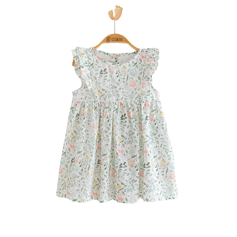 Babyprints Girls' Summer Dress, Pure Cotton Sleeveless Sundress for Little Girls, Cute Sweet Dress for Formal Occasions, Green Leaf Pattern, Size 130
