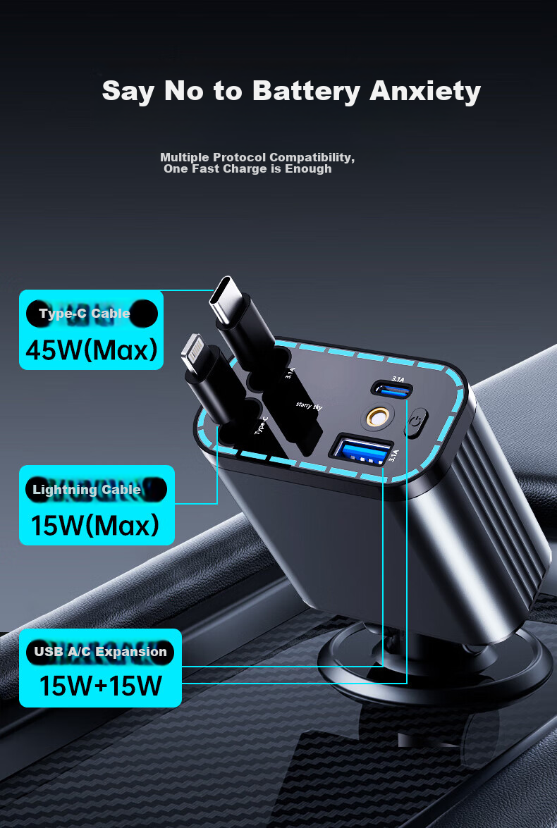 Newmine Car Charger, Super Fast Charging, One-To Extendable Cable, Car Charger, Cigarette Lighter Adapter with Cord, Multi-Functional Converter, Compatible with Huawei, Apple, 16 Android 2
