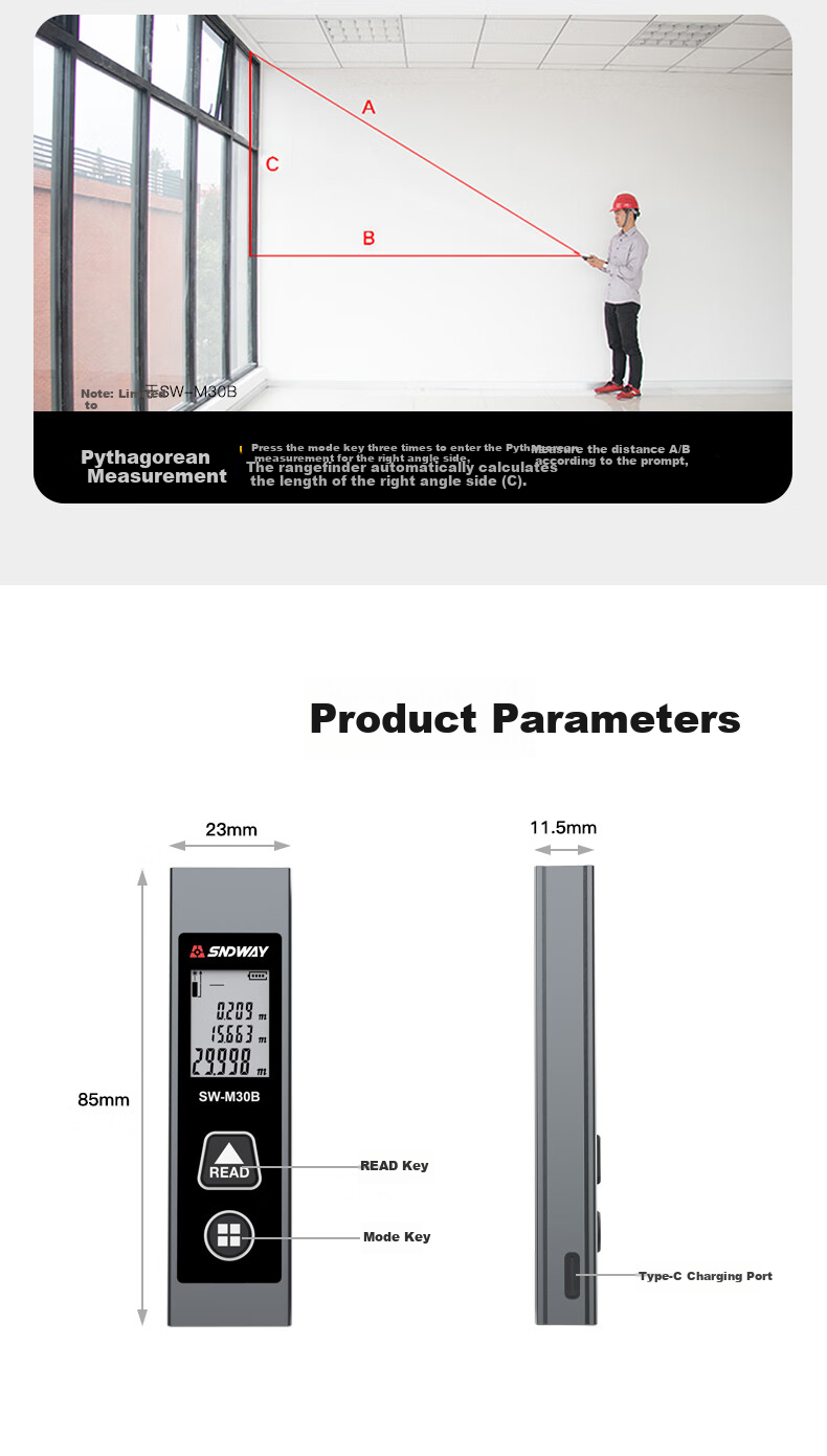 SNDWAY Laser Rangefinder, Infrared High-Precision Electronic Ruler, Rechargeable Room Measuring Device SW-M30A 13