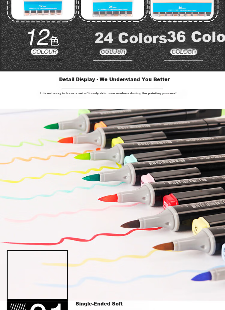 FINECOLOUR Third Generation Marker Set, Soft Tip Alcohol-Based Dual-Tip Student Markers, Customizable Watercolor Pens for Hand-Drawn Design And Skin Tone, 24 Colors in Transparent Pen Case, Art Sketching 1