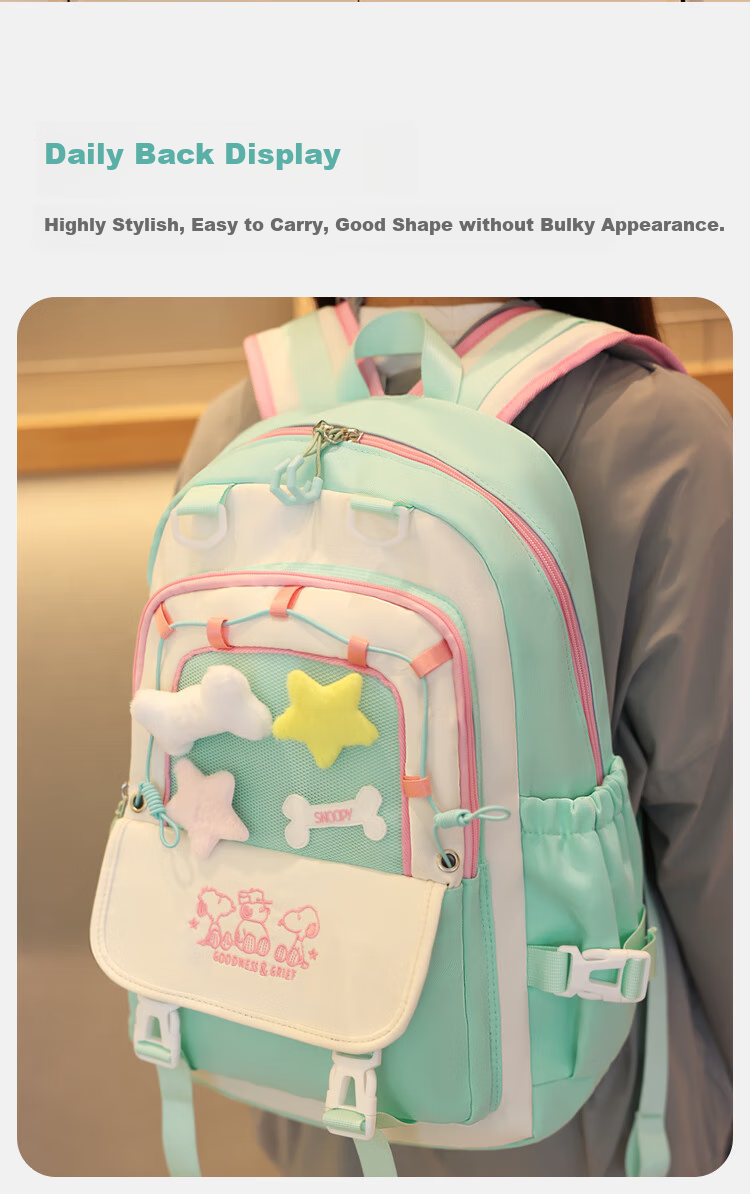 SNOOPY Painful Bag Ins Middle School High School Student Backpack for Girls, Cute Versatile Large Capacity Shoulder Bag Backpack Blue 6