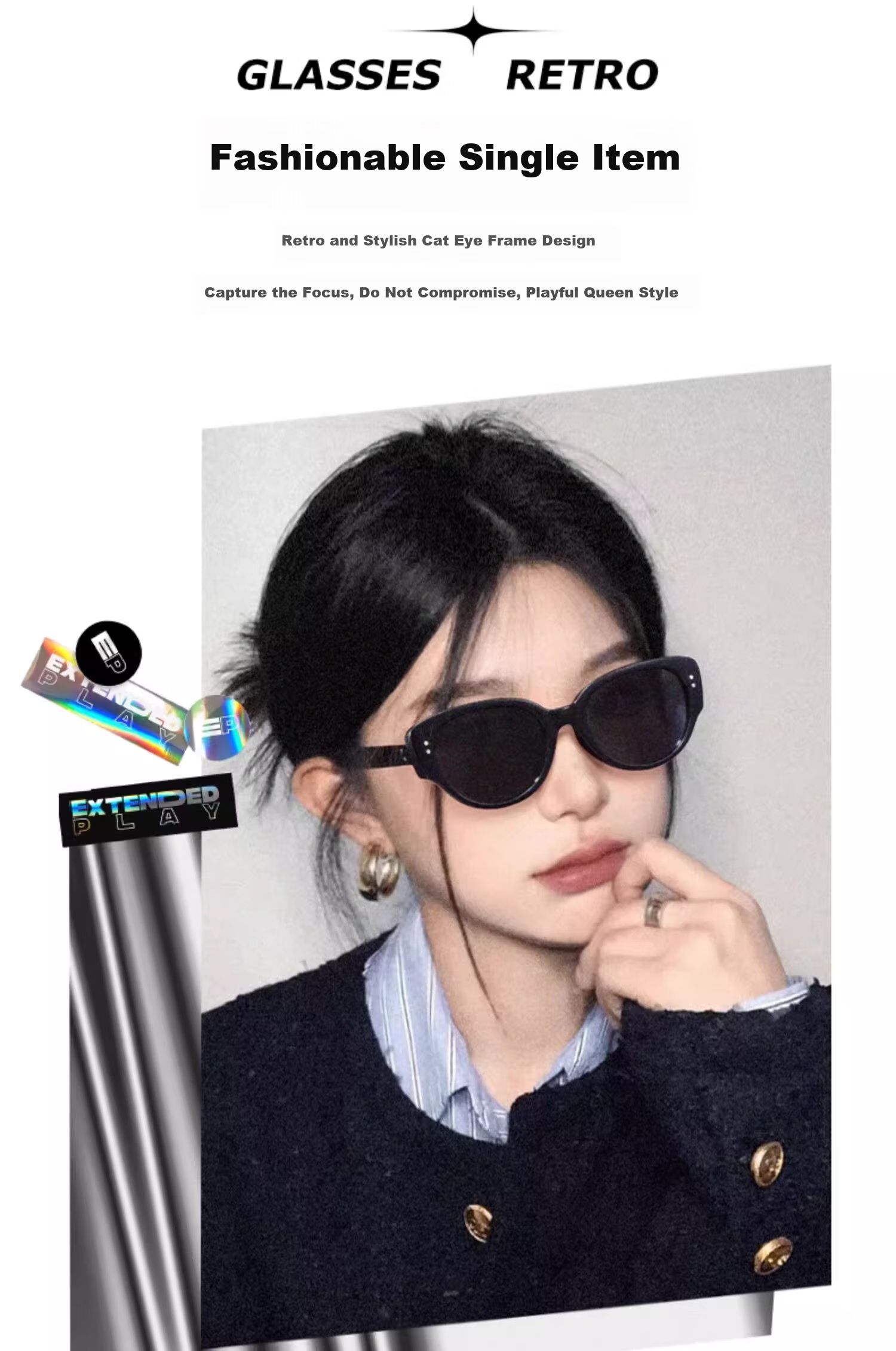 Boshide Cat Eye Sunglasses, Polarized Sunglasses, Retro Sun Protection High-End Square And Round Face Sunglasses for Women, Black Frame with Gray Lenses 2