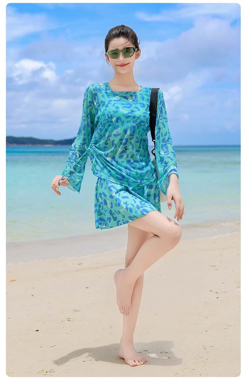 Barbie Women's High-End Conservative Long-Sleeve Swimsuit Set with Skirt for Beach Vacation, Slimming And Concealing Three-Piece Swimwear 13