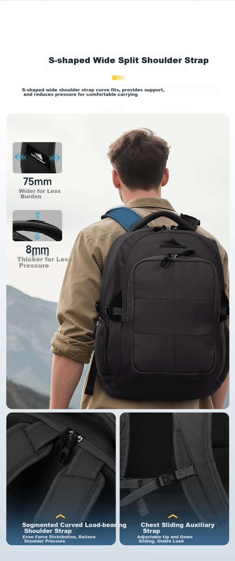High Sierra Backpack, Large Capacity Travel Bag, Outdoor Hiking Pack, Water-Resistant, Expandable, Durable, Multifunctional Travel Bag 8