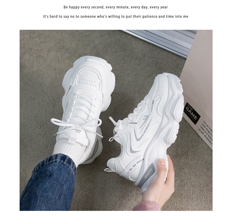 Warrior Women's Dad Sneakers 2026 Spring New Leather White Thick Sole Height Increasing Casual Sports Shoes 5