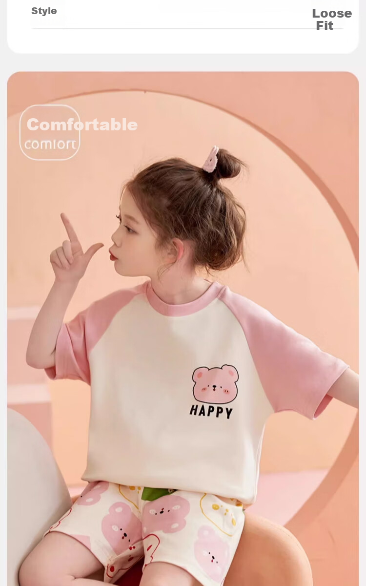 LangSha Children's Pajamas for Girls, Summer Thin Pure Cotton Short-Sleeve Sleepwear Set for Older Girls, New Style 2025 3