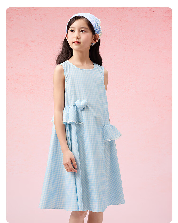 BALABALA Girls' Dress, Children's One-Piece Dress, 2025 Summer Style, for Young And Middle-Aged Children, Plaid Sleeveless Princess Dress, 208225111016 12