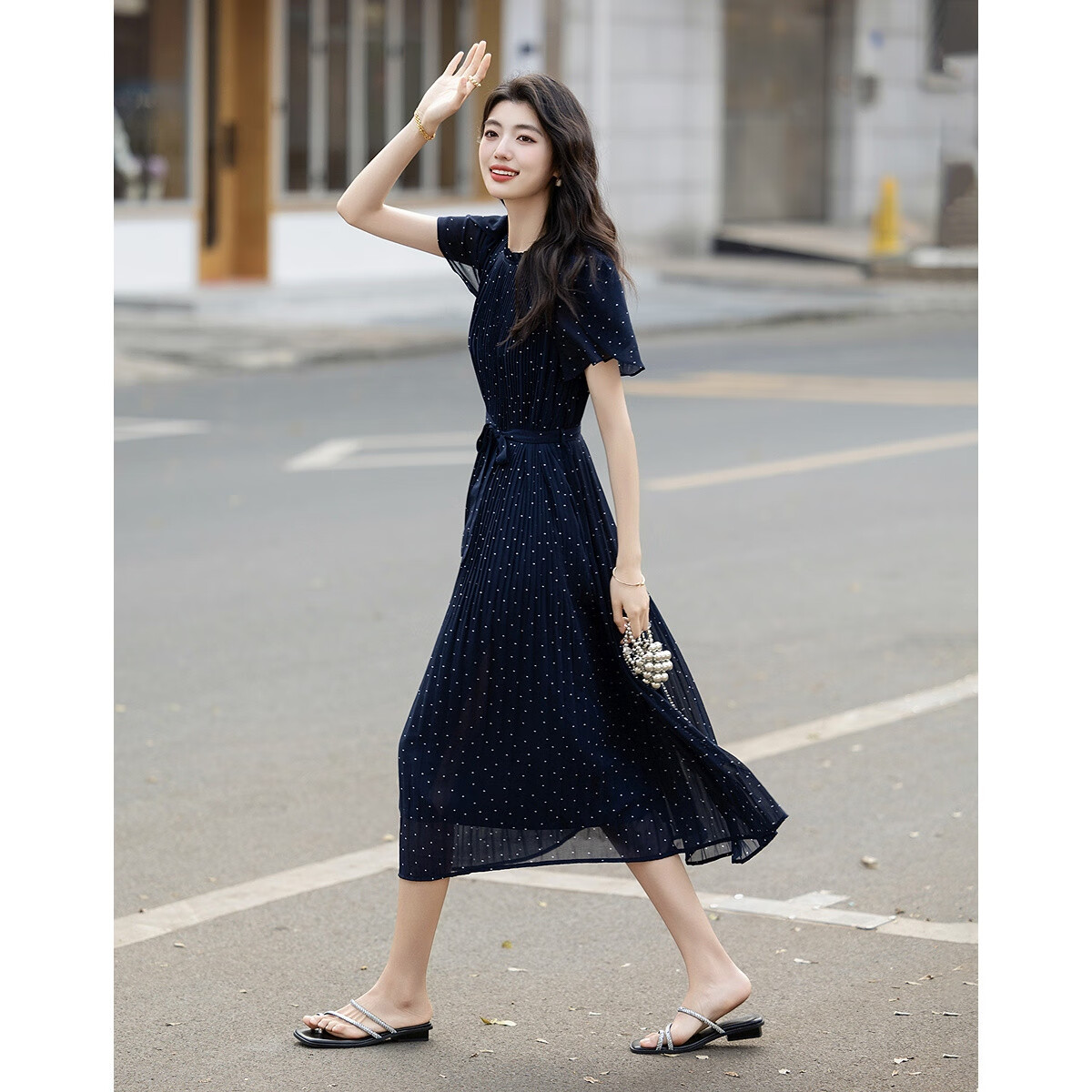 Dme [Watermark Dotted Print], Summer Elegant Gradient Pleated Lotus Leaf Sleeve Tie-Back Flowing Mid-Length Women's Dress
