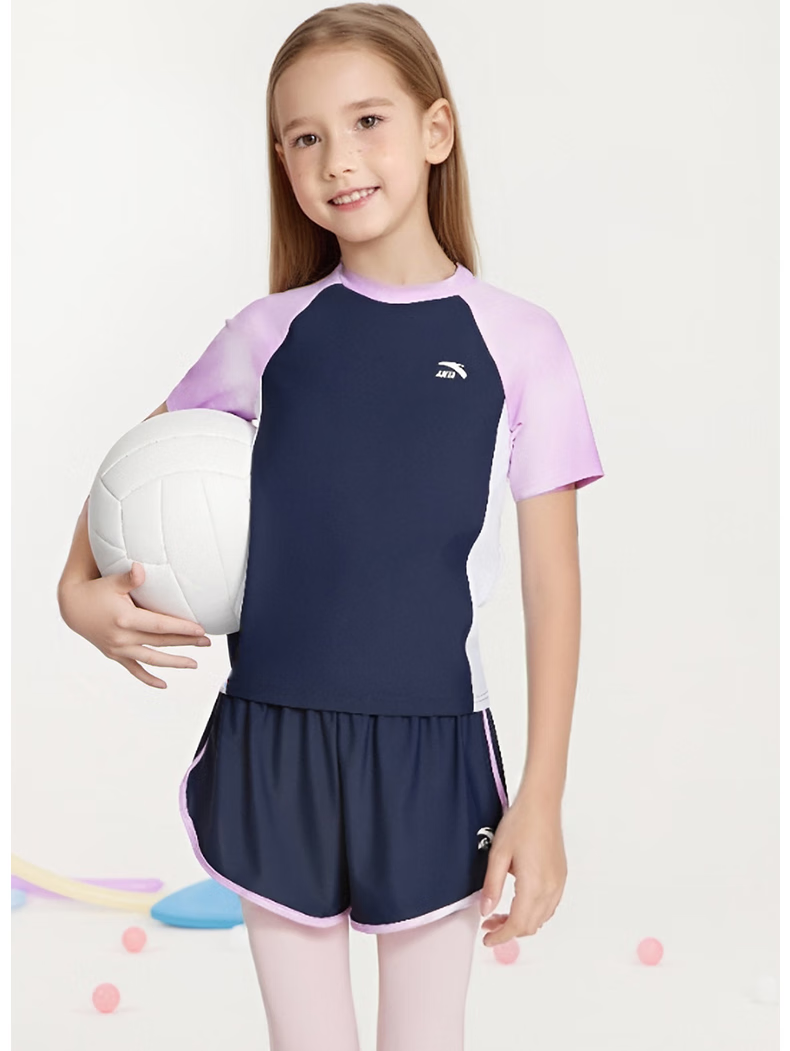 ANTA Children's Swimsuit Girls' New Style Two-Piece Set for Older Kids, Summer Sun Protection Professional Swimming Outfit for Girls, Purple, Size 140 4