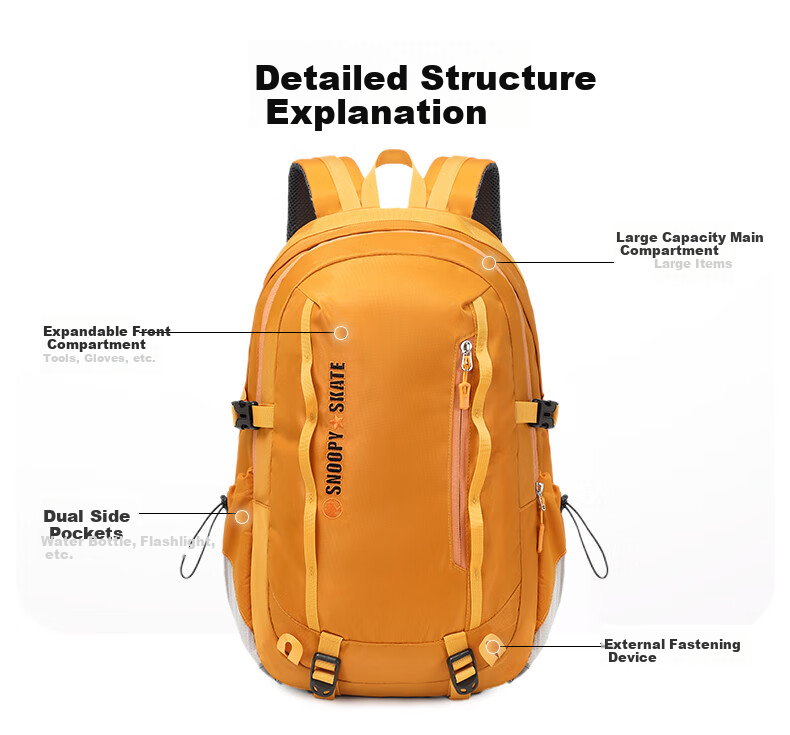 SNOOPY Outdoor Hiking Backpack for Women And Men, Lightweight Travel Backpack with Large Capacity, Orange 12