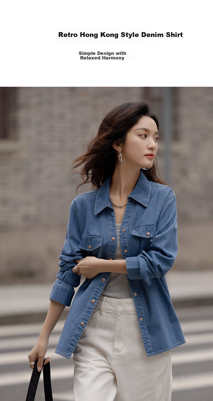 Dme [Light Breath Cloud Cotton] Spring Fashion V-Neck Collar Shirt, Comfortable Slimming Denim Blouse, Women's Top 2