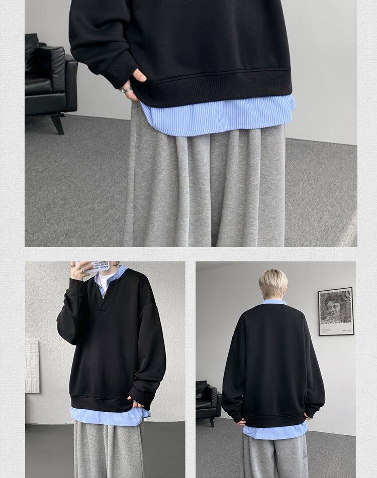 Dingfengbaoluo Sweatshirt, Faux Two-Piece Design, Spring Men's Fashion Casual Loose V-Neck Top, TID02 Black 2XL 5