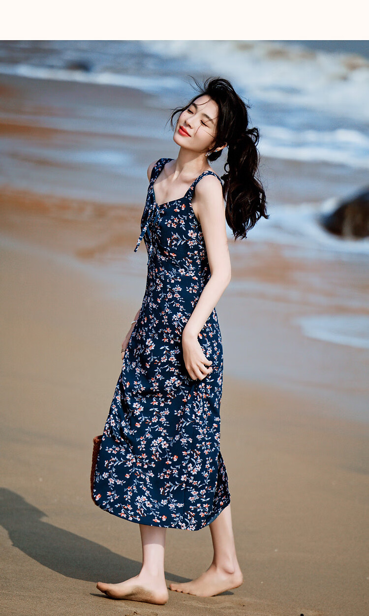 Dme [Xiao Xing Gan "Da Ji" Dress], Summer Holiday Style, Small Floral Print, Spaghetti Strap, Bodycon, Waist-Cinching Women's Dress 12