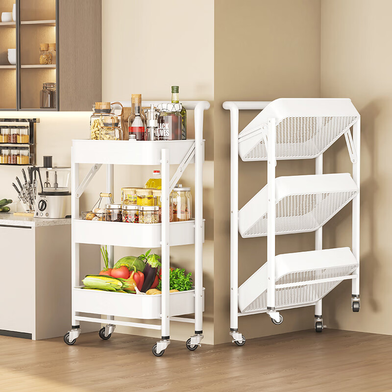 QIAONAMEI Kitchen Storage Rack Mobile Floor Cart No-Installation Foldable Storage Shelf Household Snack Rack 1860-WH