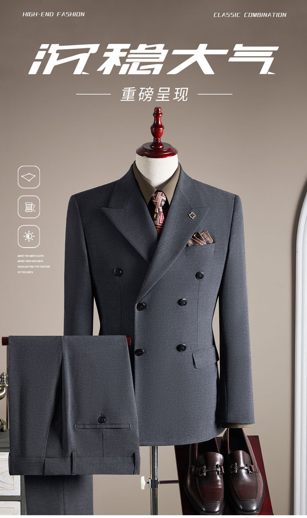 ROMON Men's Business Double-Breasted Suit Set with Vest and Trousers, Casual Black Blazer, Size M 1