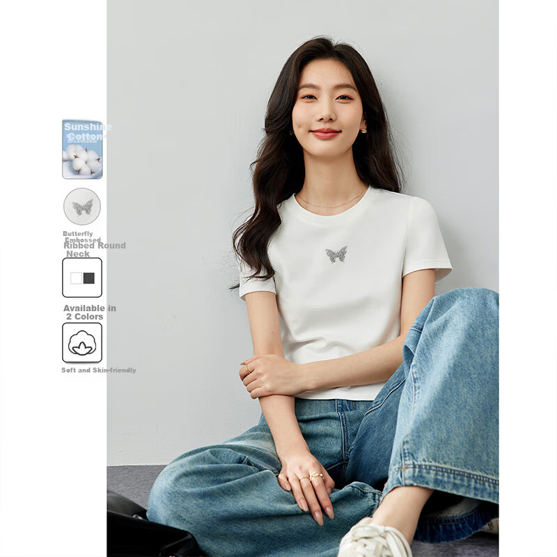 Vimly White Regular Shoulder Short-Sleeve T-Shirt for Women, 2026 Summer Slim-Fit Distinctive Printed Short Top, Off-White, Size L