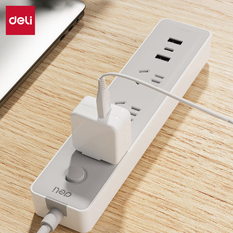 Deli USB Socket Power Strip, Extension Cord with Type-C Port + USB Port + 3 Outlets, 5 Holes, 1.8 Meters Long, Master Switch LU9081(1.8)